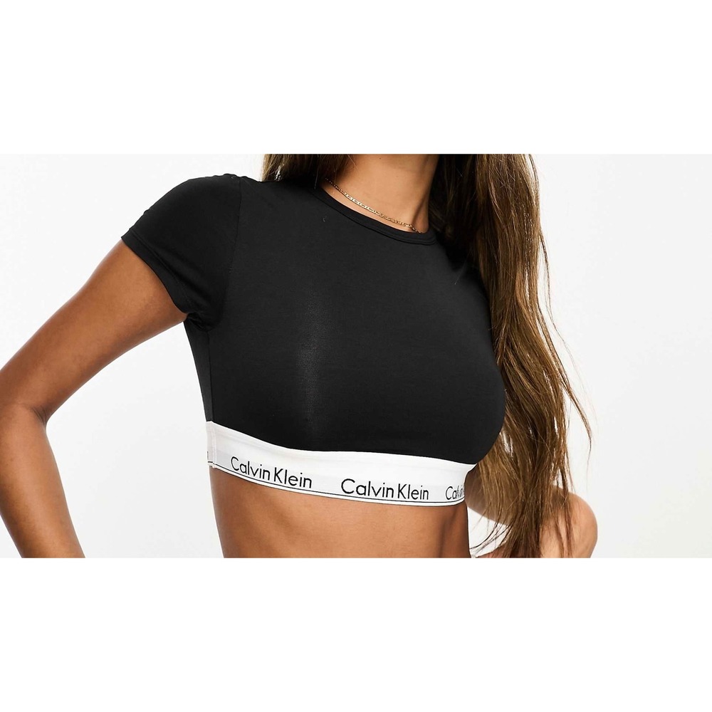 Calvin Klein Modern Cotton Black Short Sleeve Crop Top Logo Band NWT